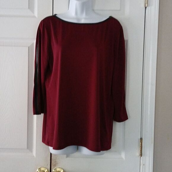 Ann Taylor Factory maroon & black faux leather trim on neckline and sleeves Sz L - Picture 1 of 5